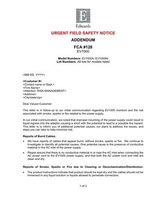 EV1000 series Urgent Field Safety Notice Oct 2019