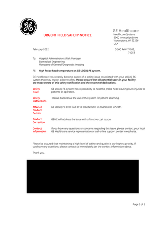 LOGIQ P6 Urgent Field Safety Notice Feb 2012