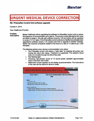 Baxter Prismaflex Control Unit Urgent Device Correction Oct 2019 