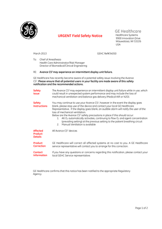 Avance CS2 Urgent Field Safety Notice March 2013