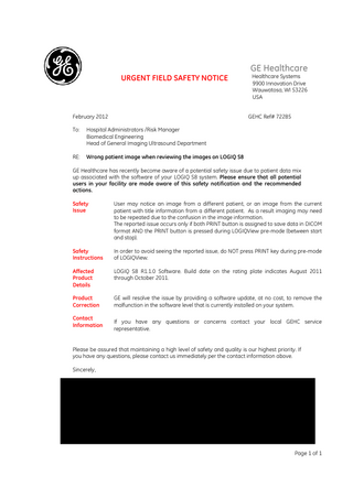 LOGIQ S8 Urgent Field Safety Notice Feb 2012