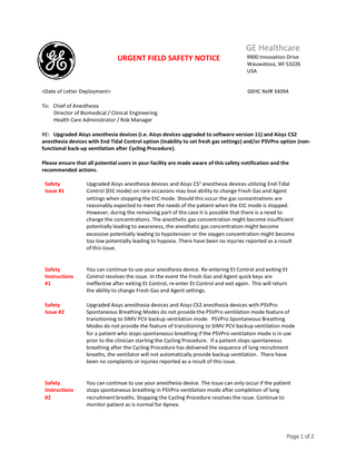 Aisys CS2 Urgent Field Safety Notice Nov 2018