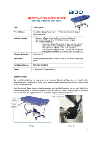 Concerto & Basic Shower Trolley Urgent Field Safety Notice Aug 2019