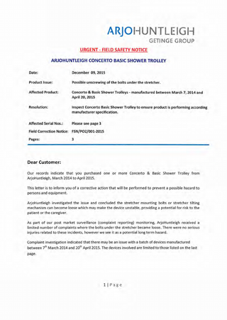 Concerto & Basic Shower Trolleys Urgent Field Safety Notice Dec 2015