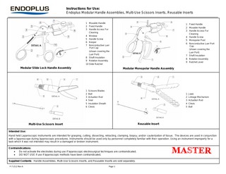 Instructions for Use: Endoplus Modular Handle Assemblies, Multi-Use Scissors Inserts, Reusable Inserts 1 Movable Handle 2 Fixed Handle 3 Handle Access For Cleaning 4 Window 5 Handle Screw 6 Keeper 7 Nonconductive Luer Port Cap (shown covering the Luer Port) 8 Shaft Insulation 9 Rotation Assembly 10 Slide Ratchet  Modular Slide Lock Handle Assembly  1 Fixed Handle 2 Movable Handle 3 Handle Access For Cleaning 4 Handle Screw 5 Monopolar Post 6 Nonconductive Luer Port Cap (shown covering the Luer Port) 7 Shaft Insulation 8 Rotation Assembly 9 Ratchet Lever  Modular Monopolar Handle Assembly  1 Scissors Blades 2 Ball 3 Actuation Rod 4 Seal 5 Insulation Sheath 6 Clevis  1 Jaws 2 Linkage Mechanism 3 Actuation Rod 4 Clevis 5 Ball  Reusable Insert  Multi-Use Scissors Insert Intended Use:  Hand held Laparoscopic instruments are intended for grasping, cutting, dissecting, retracting, clamping, biopsy, and/or cauterization of tissue. The devices are used in conjunction with a laparoscope during laparoscopic procedures. Instruments should be used only by personnel completely familiar with thei r operation. Using an instrument improperly for a task which it was not intended may result in a damaged or broken instrument. Contraindications:  Do not activate the electrodes during use if laparoscopic electrosurgical techniques are contraindicated.  DO NOT USE if use if laparoscopic methods have been contraindicated. Supplied Contents: Handle Assemblies, Multi-Use Scissors Inserts, and Reusable Inserts are sold separately. F-7.15.2 Rev A  Page 1  MASTJER  