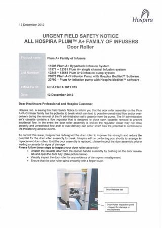 HOSPIRA PLUM A+ Urgent Field Safety Notice Dec 2012