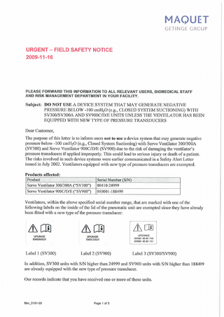 SERVO 300 and 900 series Urgent Field Safety Notice Nov 2009