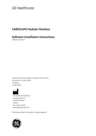 CARESCAPE Modular Monitors Software Installation Instructions sw ver 2 2nd Edition April 2018
