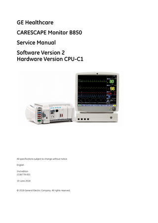 CARESCAPE Monitor B850 Service Manual sw ver 2 2nd edition June 2018