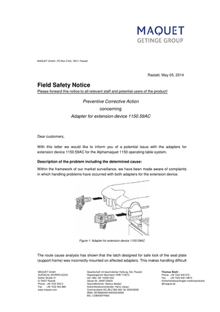 Alphamaquet Extension Device 1150.59AC Field Safety Notice May 2014