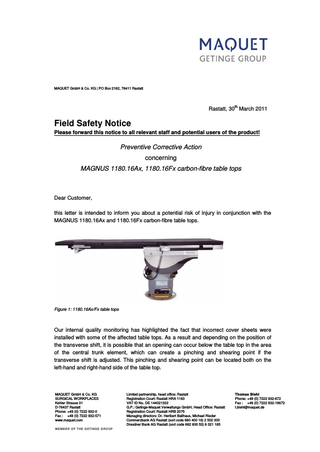 MAGNUS 1180.16Ax and Fx Field Safety Notice March 2011