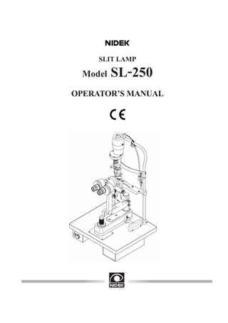 Table of Contents  §1 INTRODUCTION ... 1-1 1.1 Outline of Device ... 1-1 1.2 Indications for Use ... 1-1 1.3 Classifications ... 1-1 1.4 Symbol Information ... 1-2  §2 SAFETY ... 2-1 2.1 Operation ... 2-1 2.2 Storage ... 2-2 2.3 Placement ... 2-2 2.4 Installation ... 2-3 2.5 Wiring ... 2-4 2.6 After Use ... 2-5 2.7 Maintenance and Checks ... 2-5 2.8 Disposal ... 2-5 2.9 Labels ... 2-6  §3 CONFIGURATIONS ... 3-1 §4 OPERATING PROCEDURES ... 4-1 §5 MAINTENANCE ... 5-1 5.1 Replacement of Illumination Bulb ... 5-1 5.2 Replacement of Fixation Bulb ... 5-2 5.3 Replacement of Illumination Mirror ... 5-2 5.4 Replacement of Fuses ... 5-3 5.5 Setting of Voltage Selector ... 5-4 5.6 Cleaning the Exterior ... 5-5 5.7 List of Parts for Replacement ... 5-5  §6 SPECIFICATIONS ... 6-1 §7 ACCESSORIES ... 7-1 7.1 Standard Accessories ... 7-1 7.2 Optional Accessories ... 7-1  §8 UNPACKING AND MOUNTING ... 8-1 §9 EMC (ELECTROMAGNETIC COMPATIBILITY) ... 9-1 I  