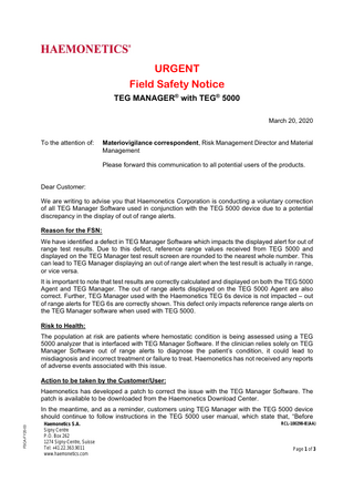 Haemonetics TEG MANAGER with TEG 5000 Urgent Field Safety Notice March 2020