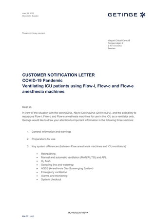 Getinge Flow Anesthesia Machines COVID-19 Pandemic Customer Notification Letter March 2020