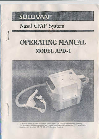 SULLIVAN Nasal CPAP Model APD-1 Operating Manual