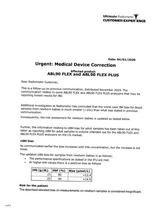 Radiometer ABL90 FLEX and ABL90 FLEX PLUS Urgent Medical Device Correction Jan 2020 