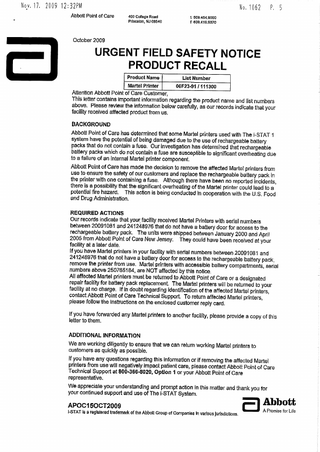 Martel Printers for i-STAT Urgent Field Safety Notice Product Recall Oct 2009