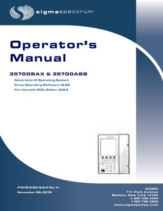 Manual 41018-6.05/6.2.4 Revision H  TABLE OF CONTENTS Introduction and Safety... 1 Intended Device Use...1 Related Documents...1 Regulatory Information...1 Contacting SIGMA Technical Support...1 Conventions...2 Summary of Warnings and Cautions...2  System Components... 15 Spectrum Pump Illustrations...16 Hardware Labeling...17  Battery Compatibility... 18 Setting Up the Pump... 19 Unpack the Pump...19 AC Power Adaptor...20 Cleaning the Power Adaptor... 20 Connecting the Power Adaptor... 20 Removing the Power Adaptor... 21  Charging the Battery...21 Configuring User Options...22 User Options... 22  Operational Overview... 25 Starting a New Infusion Using the Dose Error Reduction System (DERS)...29 Starting a New Infusion using the BASIC Mode...30 Secondary Infusions...31  Preparing the Pump and IV Sets... 32 Loading an IV Set...33 Unloading an IV Set...36 Preparing the Pump for a Secondary Infusion...36  Programming the Pump... 37 Infusion Programming Modes...38 Keys Used to Program and Operate the Pump...39 Activating a Drug Library on a Pump with a Wireless Module...41 Programming the Pump Using the Dose Error Reduction System...42  IV  