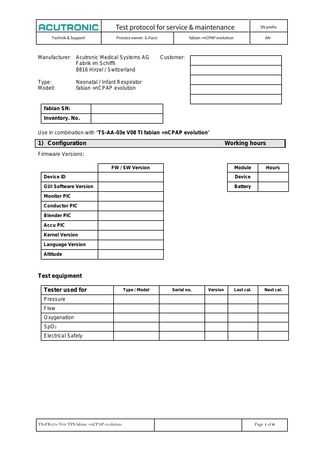 fabian +nCPAP evolution Test Sheet for Service & Maintenance AA-03e Vr 08