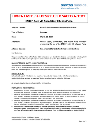 Smiths CADD Solis VIP Urgent Medical Device Field Safety Notice March 2020