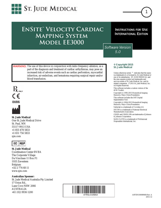 Ensite VELOCITY CARDIC MODEL EE3000 Instructions for Use sw ver 5.0 Dec 2015