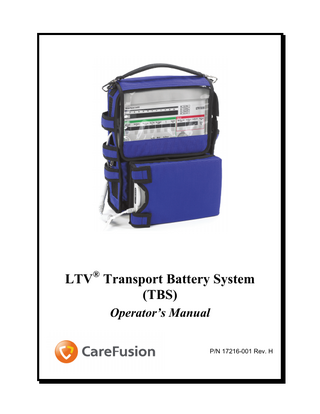 Table of Contents CHAPTER 1  - INTRODUCTION ... 1-1  Operator’s Safety Information... 1-1 Warnings... 1-2 Cautions... 1-3 Symbols ... 1-4 Notices... 1-5 CHAPTER 2  - LTV® TRANSPORT BATTERY SYSTEM OVERVIEW ... 2-1  Intended Use ... 2-1 Getting Assistance... 2-1 CHAPTER 3  - LTV® TRANSPORT BATTERY SYSTEM ACCESSORIES... 3-1  Lithium Ion Battery... 3-1 Lithium Ion Battery Charger and Cords... 3-2 LTV® Transport Pack ... 3-2 Battery Storage Pouch ... 3-2 CHAPTER 4  - CHARGING THE LITHIUM ION BATTERY... 4-1  Connecting the Lithium Ion Battery and Charger ... 4-2 Battery Charge Level... 4-3 Expected Charge Time... 4-3 Expected Cycle Life... 4-4 CHAPTER 5  - POWERING THE LTV® VENTILATOR ... 5-1  Connecting the Lithium Ion battery and LTV® Ventilator ... 5-1 Battery Status and the LTV® Ventilator ... 5-2 Lithium Battery Charge Status... 5-4 Troubleshooting... 5-4 Expected Lithium Ion Battery Life... 5-4 CHAPTER 6  - CLEANING ... 6-1  Lithium Ion Battery, Charger, and Cords... 6-1 CHAPTER 7  - STORAGE AND MAINTENANCE... 7-1  Serviceable Items ... 7-1 Storage ... 7-1 Temperature and Location ... 7-1 CHAPTER 8  - LITHIUM ION BATTERY SPECIFICATIONS ... 8-1  Lithium Ion Battery:... 8-1  p/n 17216-001, Rev. H  LTV® TBS Operator’s Manual  Page iii  