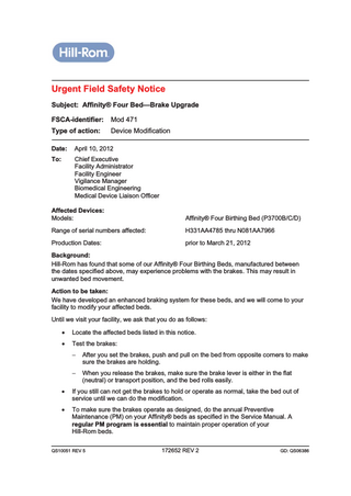 Affinity Four Bed Urgent Field Safety Notice April 2012