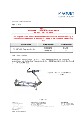 YUNO Table Extension Recall Important Customer Notification April 2013 