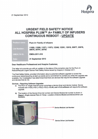 HOSPIRA PLUM A+ Urgent Field Safety Notice Update Sept 2012