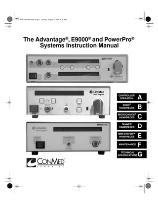 Linvatec Advantage, E9000 and PowerPro Console Instruction Manual Rev B July 2005