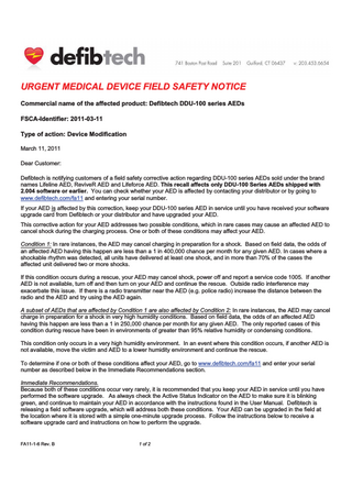 DDU-100 series Urgent Medical Device Field Safety Notice March 2011