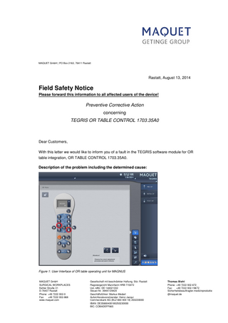 TEGRIS or TABLE CONTROL 1703.35AO Field Safety Notice Aug 2014