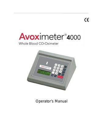 Table of Contents 1  INTRODUCTION ...6 Intended Use of the AVOXimeter 4000... 6 Summary and Explanation of the Test ... 6 Glossary of Abbreviation Equivalents ……………………………………………………7 Operating Precautions and Warnings ... 8 Limitations ... 9  2  DESCRIPTION...10 Front Panel... 10 Keypad ... 11 Menus ... 12 Test Cuvettes ... 13 Connections ... 14 Automatic Standby and Shutdown ... 14 Instrument Specifications ... 15 Reportable Range ... 15 Accuracy ... 15 Precision ... 15 Interference ... 16 Calibration ... 16  3  GETTING STARTED ...17 Unpacking and Inspection ... 17 Materials Provided... 17 Materials Required But Not Provided... 17 Optional Materials ... 18 Charging the Batteries ... 18 Setting Up the Instrument ... 19 Setting Display Backlighting ... 19 Specifying Units for Total Hemoglobin (THb) ... 19 Enabling or Disabling Display of [sO2], [O2Ct], and [O2Cap]... 20 Enabling or Disabling Suppression of Negative Values ... 20 Changing the Date and Time ... 21 Setting the Standby Delay ... 22 Specifying Entry of User ID and/or Patient ID ... 23 Specifying Mandatory Entry of an Authorized User ID ... 23 Specifying Optional Entry of a User ID Whenever a Test is Run... 28 Specifying Optional Entry of a Patient ID Whenever a Test is Run ... 29 Specifying a Different Value for Hüfner’s Number... 30 Calibration ... 31 Cuvette Calibration Code ... 31 Re-Calibration ... 31  iii  