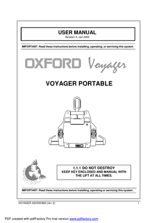Oxford Voyager Portable Hoist User Manual Rev 4 Jan 2002