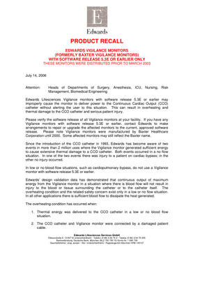 Vigilance with sw release 5.3E or earlier Product Recall July 2006