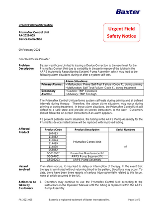 Baxter Prismaflex Control Unit  Urgent Field Safety Notice Feb 2021