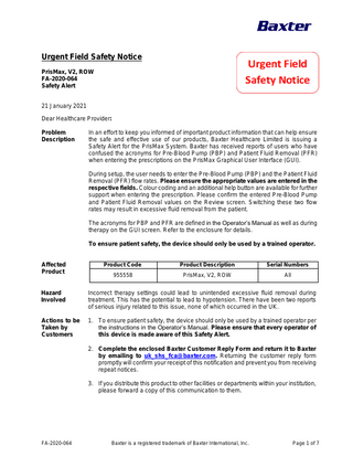 Baxter PrisMax Urgent Field Safety Notice Jan 2021