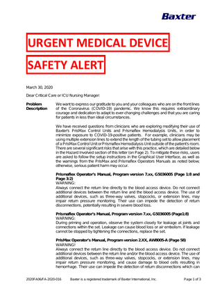 Baxter Prismaflex And PrisMax Urgent Medical Device Safety Alert March 2020- Off Label Use