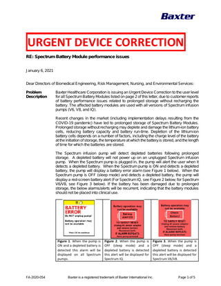 Baxter Spectrum Infusion Pump Urgent Device Correction Jan 2021 