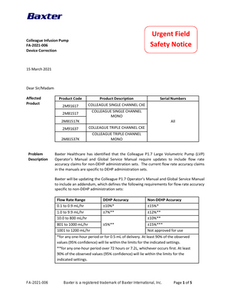 COLLEAGUE Pumps Urgent Safety Notice March 2021