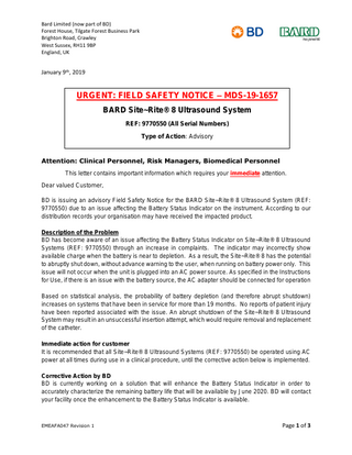 BARD Site-Rite 8 Urgent Field Safety Notice Jan 2019