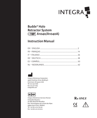 Integra BUDDE Halo Retractor System REF A1040 Instruction Manual Rev DAA March 2018