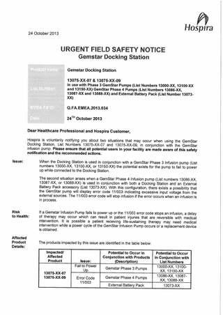 Gemstar Urgent Field Safety Notice Oct 2013