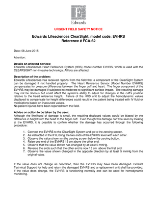 ClearSight EVHRS Urgent Field Safety Notice June 2015