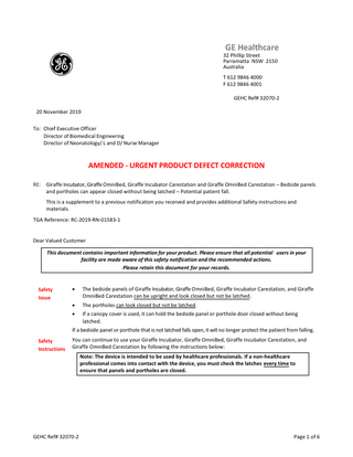GE Giraffe Series Amended Urgent Product Defect Correction Nov 2019 