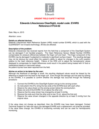 ClearSight EVHRS Urgent Field Safety Notice May 2015