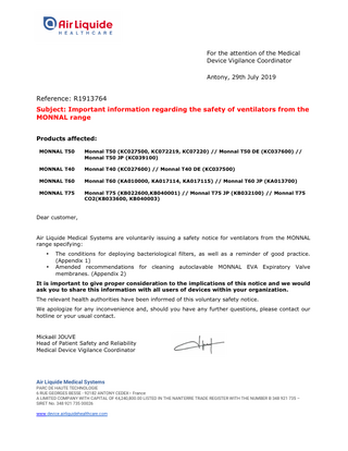 MONNAL T60 Product Alert related to Filters and Expiratory Valve Cleaning July 2019