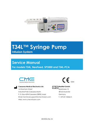 Table of Contents  Table of Contents 1  General Information ...7 Overview ... 7 Intended Use ... 7 Purpose of This Manual ... 7 Introduction to the T34L™ Syringe Pump ... 8 Technical Overview ... 9 Occlusion Detection in the T34L™ Syringe Pump ... 9 Motor Control in the T34L™ Syringe Pump ... 10 Performance Verification ... 10 Safety ... 11 System Symbols ... 11 Warnings and Cautions ... 12 Electrical Safety Compliance ... 14 Electromagnetic Compatibility (EMC) ... 14 Alarms ... 14 Alarm Conditions ... 14 Alarm Types... 14  2  Configuration and Calibration ...15 Battery Operation ... 15 Locking ... 15 Keypad Locking ... 15 Program Locking ... 16 Maximum Rate Locking ... 16 Configuration and Calibration ... 17 Technician Menu ... 17 Change Setup ... 19 Occlusion Pressure Calibration ... 21 Syringe Travel Calibration ... 22 Syringe Diameter Calibration ... 22 Communication (Between the PC and the Syringe Pump) Via the Infrared Communication Port ... 23 Required Equipment ... 23 Installing and Configuring BodyComm™ on a PC ... 23 Event Log ... 34  3  Preventative Maintenance ...35 Introduction ... 35 Recommended Cleaning and Storage ... 35 Cleaning ... 35 Storage ... 35 Routine Preventive Maintenance ... 36 Tools and Test Equipment ... 36 Performance Verification and Calibration Tests ... 37 Introduction ... 37 Pre-service Checklist ... 37 Setting Up the Pump for Testing ... 38  3  