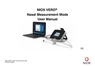 Table of contents  1 NIOX VERO® Nasal measurement mode ...3 1.1 Before using NIOX VERO® ... 3 1.2 About this manual... 3 1.3 Compliance ... 3 1.4 Responsible manufacturer and contacts ... 3 1.5 Warnings ... 3 1.6 Intended Use ... 4  6.3 Precision ... 19 6.4 Accuracy ... 20 6.5 Essential performance ... 20  2 Product description ...5 2.1 Nasal accessories and parts ... 5 2.2 NIOX VERO® accessories and parts... 5 2.3 Main View... 6 3 Nasal NO measurements ...6 3.1 Preparation for Nasal (nNO) measurement... 6 3.2 Perform Nasal measurement ... 8 3.3 Expiration against Resistance (ER-nNO) ... 9 3.4 Tidal Breathing (TB-nNO)... 11 3.5 Alert codes and actions ... 11 4 Nasal measurements with NIOX® Panel ...12 4.1 Installation of NIOX® Panel ... 12 4.2 Setup ... 12 4.3 Perform Nasal measurements with NIOX® Panel ... 13 5 Cleaning procedure ...19 6 NIOX VERO® Nasal Technical Specification ...19 6.1 Performance data... 19 6.2 Linearity... 19  NIOX VERO® Nasal NO Measurements User Manual English 002346-04  1  