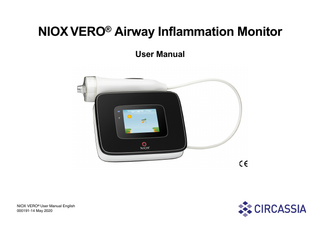 Table of contents  1 Important information ...3 1.1 Before using NIOX VERO® Airway Inflammation Monitor ... 3 1.2 About this manual... 3 1.3 Compliance ... 3 1.4 Responsible manufacturer and contacts ... 3 1.5 Warnings ... 3 1.6 Intended use ... 4  6.2 Installation of NIOX® Panel ... 20 6.3 Connect to a PC via USB... 20 6.4 Connect to a PC via Bluetooth... 20 6.5 Setup... 21 6.6 Firmware update ... 22 6.7 Using NIOX Panel... 23 7 Troubleshooting ... 24  2 Product description ...5  7.1 Alert codes and actions... 24  2.1 NIOX VERO® accessories and parts... 5 2.2 Instrument ... 6  8 Preventive care ... 28  3 Installation and set up ...7 4 User interface ...10 4.1 Main and settings view ... 10 4.2 Main View... 10 4.3 Settings view ... 11 5 Using NIOX VERO® ...12 5.1 Start the instrument from power save mode ... 12 5.2 Register patient ID (optional)... 12 5.3 Measure FeNO... 12 5.4 Demonstration mode ... 15 5.5 Measure ambient NO ... 16 5.6 Change settings ... 17 5.7 Turn off the instrument ... 19 6 Using NIOX VERO® with NIOX® Panel ...19 6.1 Warnings ... 19  NIOX VERO® User Manual English 000191-14  8.1 General care ... 28 8.2 Change disposals ... 29 8.3 Operational life-time... 31 8.4 Disposal of instrument and accessories ... 31 8.5 Return shipments... 32 9 Safety information ... 32 9.1 Warnings... 32 9.2 Cautions... 32 9.3 Substances disturbing FeNO measurement ... 33 9.4 Electromagnetic immunity... 33 9.5 Electromagnetic emissions ... 33 9.6 Operating conditions ... 34 10 Reference information ... 35 10.1 Buttons and descriptions... 35 10.2 Symbols and descriptions ... 35 10.3 Symbol explanation... 36 11 Technical data ... 37  1  